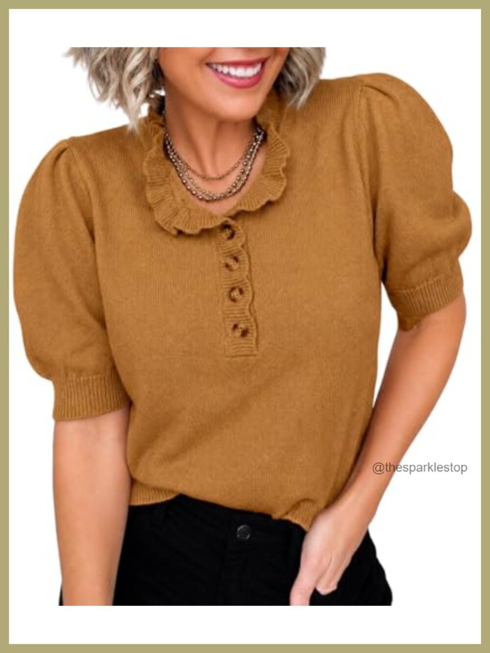 Women's Lightweight Ruffle Collar Puff Sleeve Sweater Top